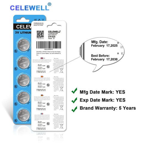 Premium CR1620 3V Lithium Coin Batteries 5 Pack delivering 70mAh, features packaging details, and warranty information.