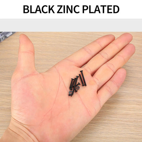 Close-up of black zinc plated screws from 645 Piece M2 Metric Screw Set with Flat Head Countersunk Hex Socket Cap Screws.