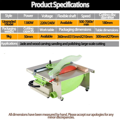 Pro 110V Gem Faceting Machine 5-in-1 Bench Grinder with specifications displayed on a table, highlighting jade and wood carving.