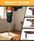 Close-up of power drill using 14 Piece Hex Shank HSS-G Brad Point Drill Bit Set For Woodworking Pros, drilling into wood with double flute design.