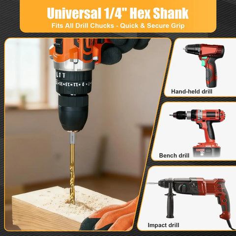 Close-up of power drill using 14 Piece Hex Shank HSS-G Brad Point Drill Bit Set For Woodworking Pros, drilling into wood with double flute design.
