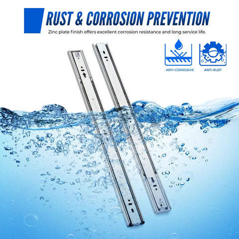 Top Shelf Hella Smooth Soft Close Drawer Slides 20 Inch showing rust-resistant zinc coated slides submerged in water.