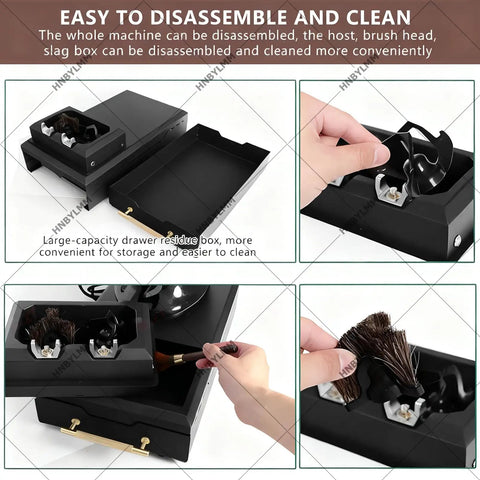 Disassembled High Performance Electric Portafilter Cleaner Knock Box with brush and residue drawer for 58mm filters.