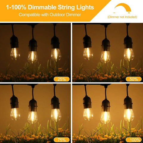 96 Ft LED Outdoor String Lights With Shatterproof S14 Bulbs Waterproof Patio Lighting dimmable settings from 25% to 100%