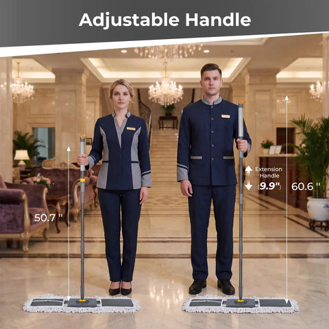 Heavy Duty 36 Inch Commercial Flat Mop With Extra Long Aluminum Pole For Garages And Shops features adjustable handle height.