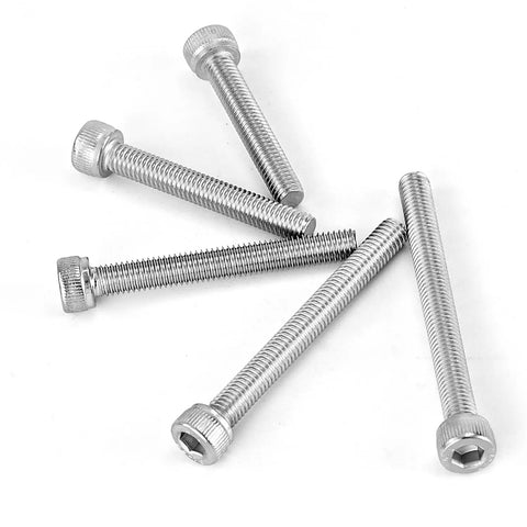 Top Shelf M5 Hex Socket Head Cap Screw Bolt Assortment Kit Built With Premium 304 Stainless Steel And A Rock Solid 4mm Allen Drive Metric Thread Mix Perfect For Serious Shop Projects Pack Of Fifty Pieces, showcasing five hex bolts.