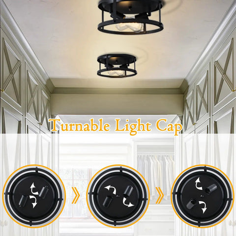 Image showing installed Four Pack Dope Black Farmhouse Flush Mount Ceiling Lights With Two Light Rustic Industrial Ceiling Fixtures.