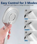 Hand holding filtered shower head with 3 mode options, showcasing rain, massage, and mix spray modes.