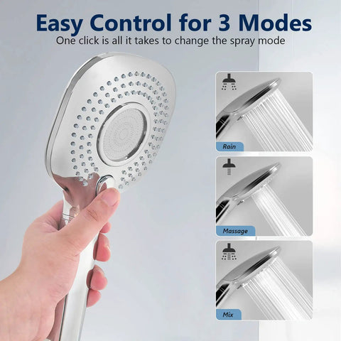 Hand holding filtered shower head with 3 mode options, showcasing rain, massage, and mix spray modes.