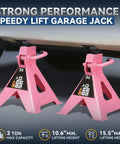Two Pack 3 Ton Jack Stands For Cars, SUVs And Trucks, Heavy Duty Steel Floor Jack Stands With Adjustable 10.6 To 15.5 Inch Lifting Range, Pink Finish, Stable Wide Base For Safe Lifting And Reliable Support.