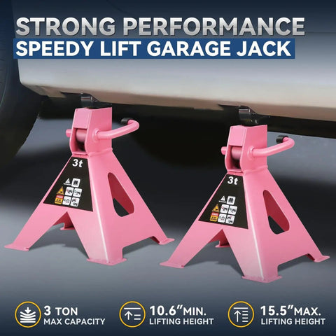 Two Pack 3 Ton Jack Stands For Cars, SUVs And Trucks, Heavy Duty Steel Floor Jack Stands With Adjustable 10.6 To 15.5 Inch Lifting Range, Pink Finish, Stable Wide Base For Safe Lifting And Reliable Support.