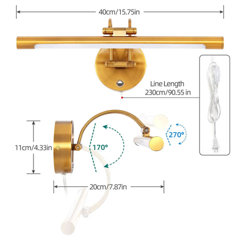 Gold modern light fixture dimensions, showing 15.75 inch width, adjustable arms, and 90.55 inch cord, wall mounted.