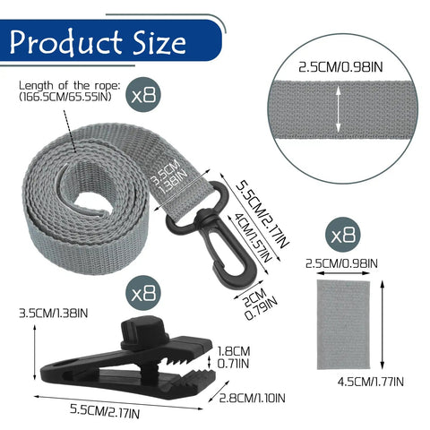 Product size diagram of 24 PC Upgraded Pool Solar Cover Reel Attachment Kit with gray straps and clips for pools.