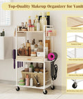 Three Tier Rolling Utility Cart With Wooden Drawer Must Have Sturdy Multifunction Storage Organizer For Kitchen Bathroom Makeup Living Room Baby Essentials Grab And Go Ready White showing makeup items on shelves