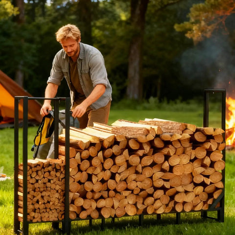 Beefy 8Ft Firewood Rack With Heavy Duty Metal Frame And Built In Kindling Storage For Indoor And Outdoor Use in use outdoors