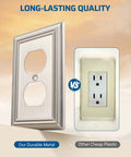 Comparison of 4 Pack Duplex Wall Plates, Durable Metal Outlet Covers with brushed nickel finish and a plastic outlet cover