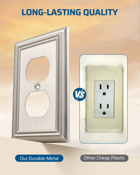 Comparison of 4 Pack Duplex Wall Plates, Durable Metal Outlet Covers with brushed nickel finish and a plastic outlet cover