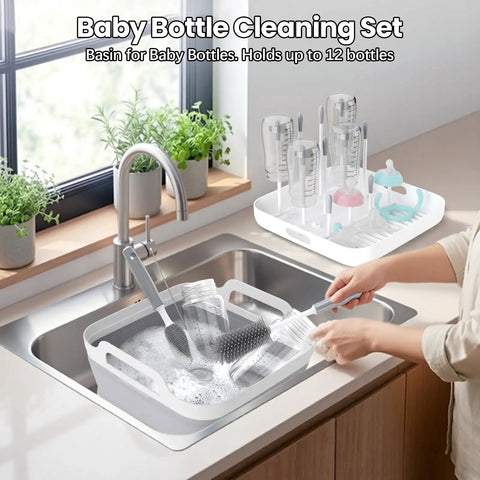 Collapsible Baby Bottle Wash Basin With Built In Drying Rack And Lid Portable 2.4 Gallon Dish Tub in kitchen sink setting