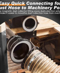 Quick Snap Magnetic Dust Collection Fittings 4 Inch To 2.5 Inch Adapters connecting dust hose to machinery port with quick setup.