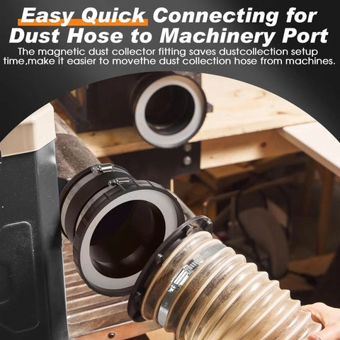 Quick Snap Magnetic Dust Collection Fittings 4 Inch To 2.5 Inch Adapters connecting dust hose to machinery port with quick setup.