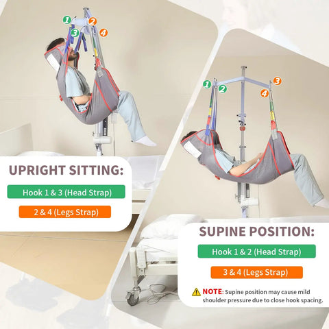 EHUCONHEEL Full Body Mesh Patient Lift Sling Universal Transfer Aid For Electric Ceiling Hoist, showing upright and supine positions.