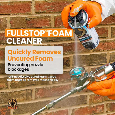 Hand holding Fullstop Foam Cleaner spray can, cleaning nozzle for Heavy Duty Spray Foam Insulation Kit Class A Fire Rated R Value 8 24