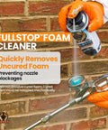 Heavy Duty Spray Foam Insulation Kit For Walls And Attic Featuring Sick Fire Rated Heat Blocking And Sound Dampening With Thirty Six Cans Pro Trigger Gun Cleaning Fluid And Complete Safety Kit in use on brick wall.