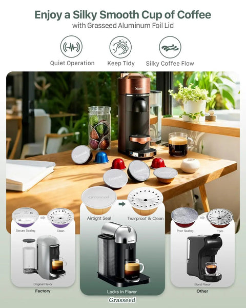 Reusable Aluminum Foil Lids For Nespresso VertuoLine Pods Easy Seal shown with VertuoLine coffee machine on table