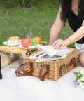 Wicker Picnic Basket Set For Two With Insulated Cooler, Detachable Table Lid, Blanket And Full Tableware on picnic at park