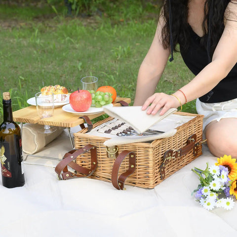 Wicker Picnic Basket Set For Two With Insulated Cooler, Detachable Table Lid, Blanket And Full Tableware on picnic at park