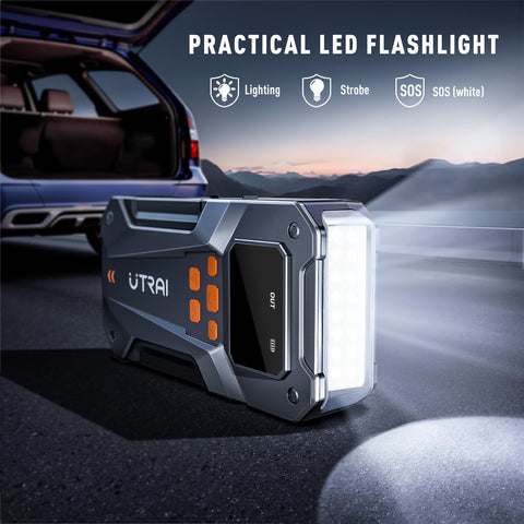 5000A Beast Mode Jump Starter With Air Compressor for 12V Cars and Trucks shown with LED light function in use next to an SUV.