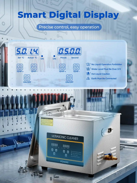 Heavy Duty Ultrasonic Cleaner With Built In Heater And Digital Timer Stainless Steel 10 Gallon Basin for precise control settings.