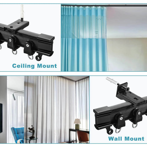 All-In-One Bendable Ceiling Curtain Track System With 12Ft Flexible Sliding Rails for ceiling and wall mount, shown in use.