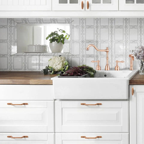 Image of kitchen featuring Six Pack Knockout Antique Copper Drawer Pulls With Straight Up Solid Zinc Build And Heavy Duty Vintage Finish.