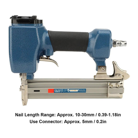 Heavy Duty Cast Aluminum Air Brad Nailer with easy grip design, drives 10 to 30mm nails for woodworking and trim.