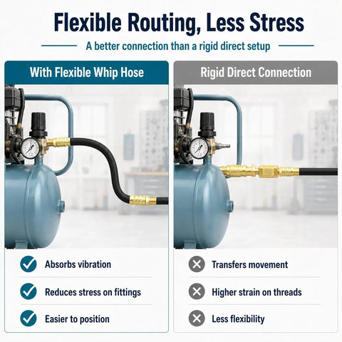Comparison of Flexible Routing with Heavy Duty Flexible Air Compressor Whip Hose Kit and Rigid Direct Connection setup.