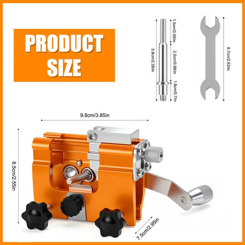 Manual Chain Saw Sharpener Kit With Hand Crank Portable Sharpener for household chainsaw, orange, dimensions shown, no power needed.
