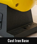 Close-up of the heavy duty cast iron base of 10 Inch Dual Speed Bench Buffer Polisher With Three Quarter Horsepower Induction Motor