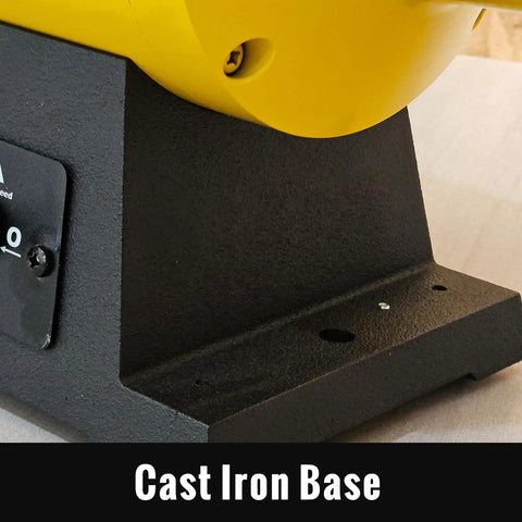Close-up of the heavy duty cast iron base of 10 Inch Dual Speed Bench Buffer Polisher With Three Quarter Horsepower Induction Motor