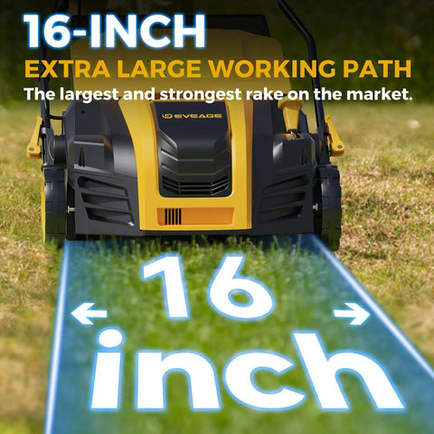 Front view of 16 Inch 2 In 1 Electric Dethatcher And Scarifier With 5 Position Depth Adjustment For Lawns in yellow on grass.
