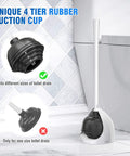 Beast Mode All Angle Heavy Duty Toilet Plunger With Holder for 3.5 to 6 inch drains, four-tier rubber suction cup displayed near toilet