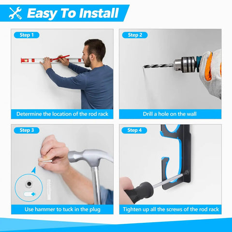Installation steps for H5 Horizontal Fishing Rod And Pole Holder For Garage, Wall Or Ceiling Mounts with tools and drill.
