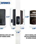 Fingerprint Door Lock With Keyless Entry Biometric Lock Electronic Keypad And Auto Locking Deadbolt For Front Door With Interior Knob Set In Tuscan Bronze Finish And No Fuss Setup, front and side view dimensions shown