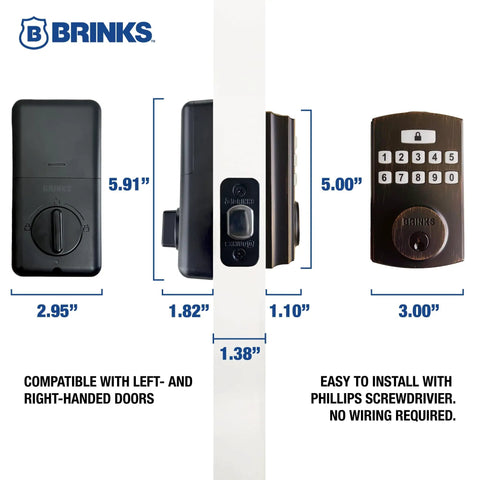 Fingerprint Door Lock With Keyless Entry Biometric Lock Electronic Keypad And Auto Locking Deadbolt For Front Door With Interior Knob Set In Tuscan Bronze Finish And No Fuss Setup, front and side view dimensions shown