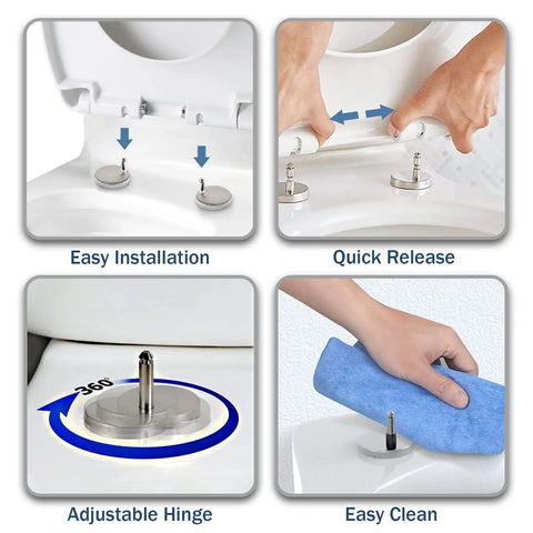 Built Different Square Bathroom Seat With Super Chill Soft Close Hinges showing adjustable hinges and easy installation details.