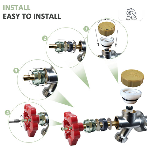 Must Have Outdoor Faucet Repair Kit With Vacuum Breaker For Anti Siphon Frost Free Sillcock Valves Hose Bib Spigot Repair Kit ASSE 1019 A Compatible Leak Fix And Easy Install For Home Improvement, assembly steps shown.
