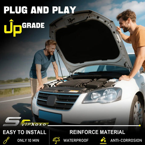 Two men inspecting a car engine with an open hood, highlighting ease of use for Direct Swap Electric Coolant Water Pump Keep Your Daily Runner Frost Free For 2018 To 2023 Toyota Camry RAV4 Avalon Highlander Sienna Venza And Lexus ES NX 2.5L L4 Gas Engine No Sweat Replacement.