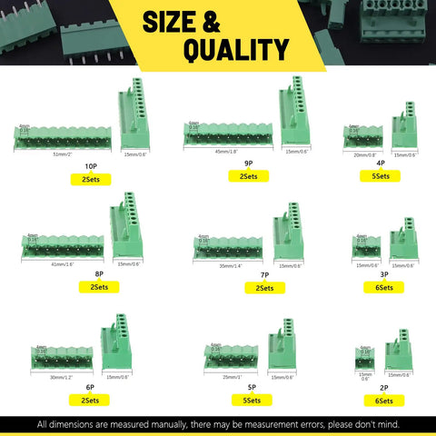 Variety of green pluggable terminal blocks in 32 Set Value Pack Pluggable Terminal Block Connector Kit With Male And Female Sockets, 5.08mm Pitch.