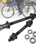 Front And Rear Bike Axle Set For Mountain MTB Hollow Hub Shaft 108mm And 145mm Lengths displayed with ball bearings.