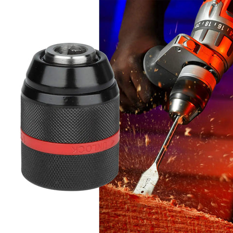 Keyless Drill Chuck 1/2-20UNF Mount with 1-13 mm bit in action on wood, showcasing self-tightening feature for DIY projects.